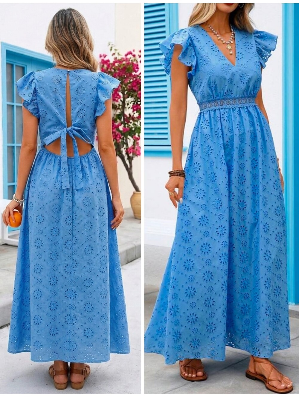 New Embroidered Eyelet Lace Ruffle Sleeve Tie Back Maxi Dress Blue